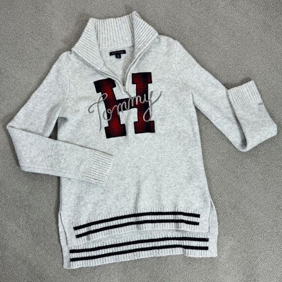 Tommy Hilfiger Logo Patch Varsity Sweater Grey Small Wool Blend Quarter Zip - Picture 12 of 12